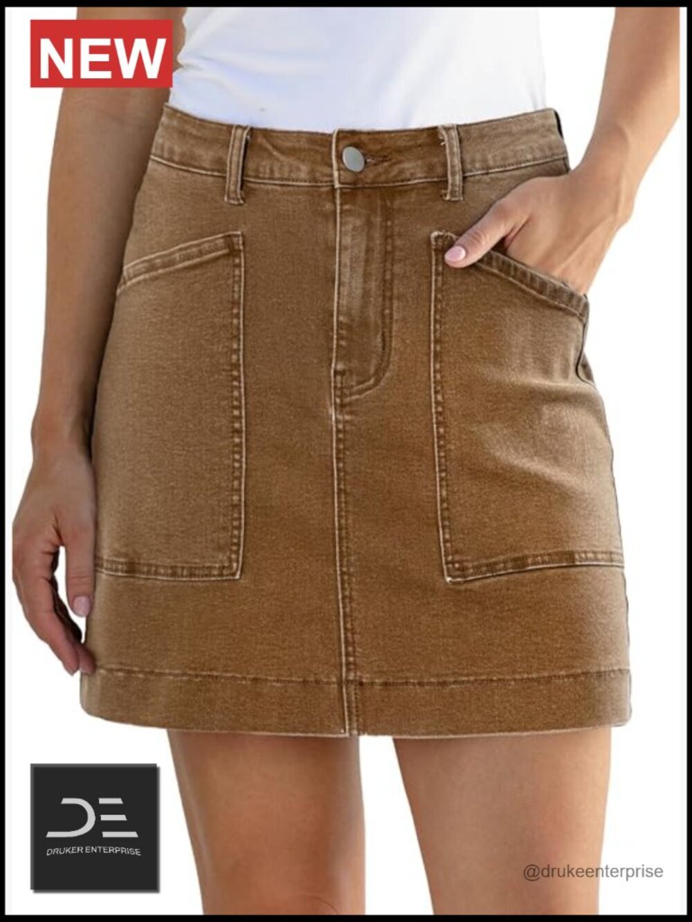 High Waisted Stretch Denim Skirt with Pockets